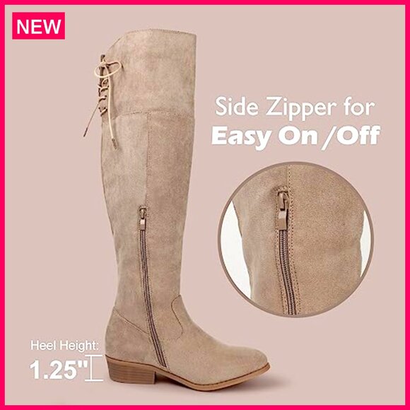 Thigh High Over The Knee Boots Low Heel Faux Suede Zipper Adjustable - Picture 6 of 8